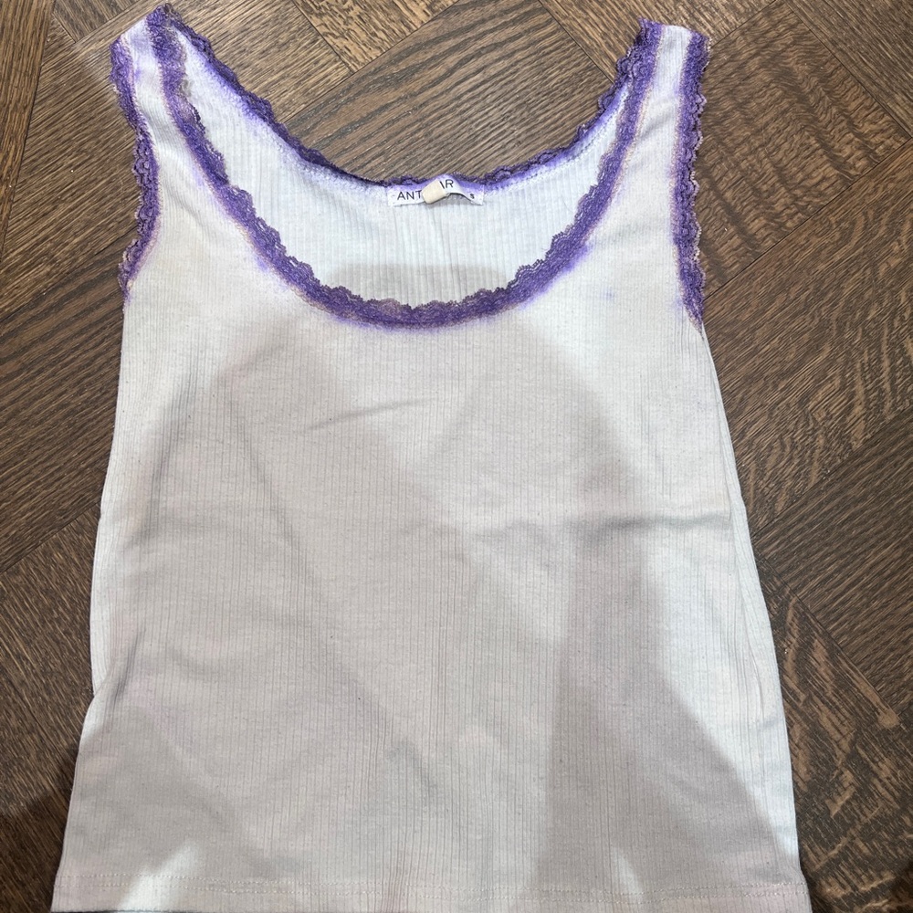 White Tank Top with Purple Lace Trim